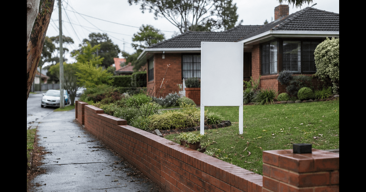 Established Australian suburban street with a brick-and-tile family home and a blank real estate sign board on the front lawn